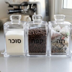 שלישיית כלי אחסון קפה, תה וסוכר – אקרילי עם מגש
